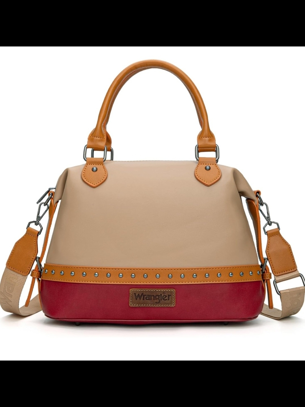 Wrangler Two-Tone Tan, Red and Cognac Leather Satchel